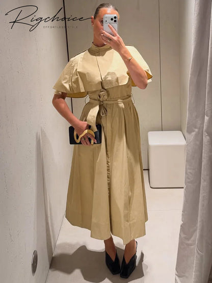 Women's Trench Style Midi Dress Stand Collar Cape Overlay Short Sleeve Belted Waist A‑Line Dresses Autumn Elegant Office Outfits