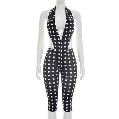 Kliou Polka Dot Print Playsuits Women Halter Low-Neck Lace-UP Backless Skinny Peach Hip Hot Girls Sexy Fashion Classic Rompers