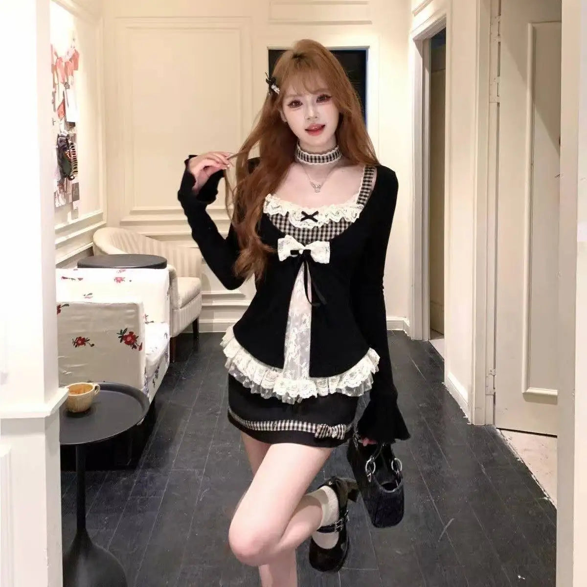 Korean Fashion Elegant Patchwork Lace Tops Slim Casual Long Sleeve Blouse 2000s American Vintage Sweet Pullover Chic