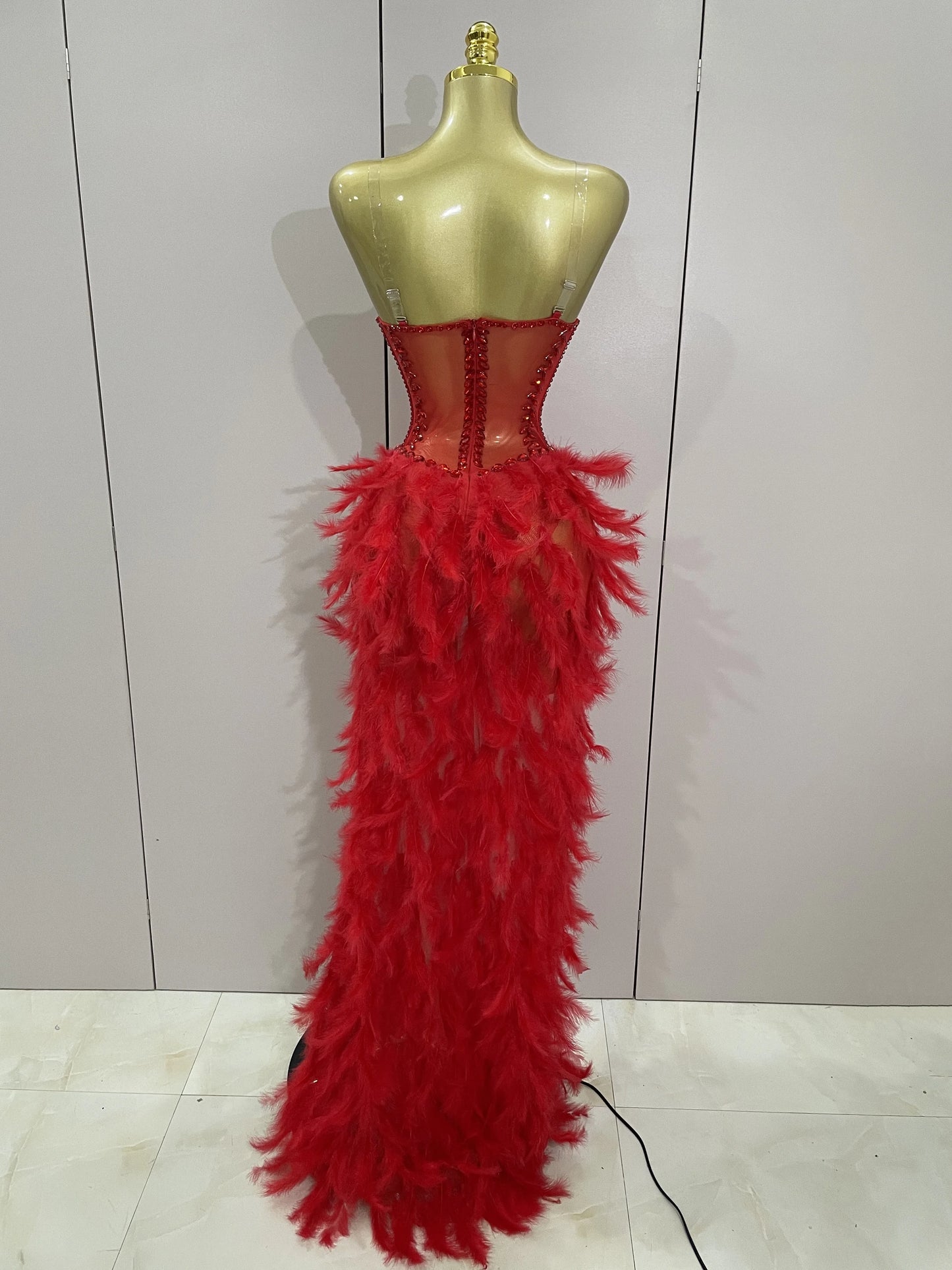 Sparkly Rhinestones Feathers Long Tail Bodysuits Sexy Mesh Transparent Stage Dress Evening Party Celebrate Luxury Birthday Dress