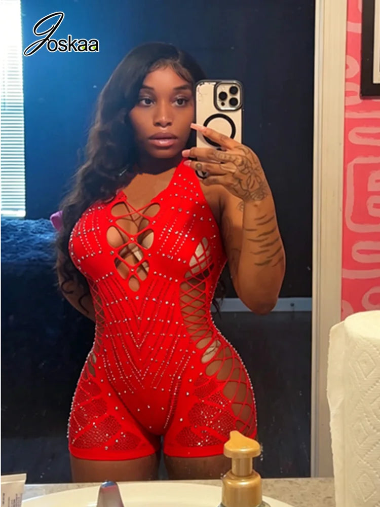 Joskaa Y2K Sparkling Rhinestone Halter Rompers Women Sexy Hollow Backless High Stretch Bodycon Playsuits Midnight Party Clubwear