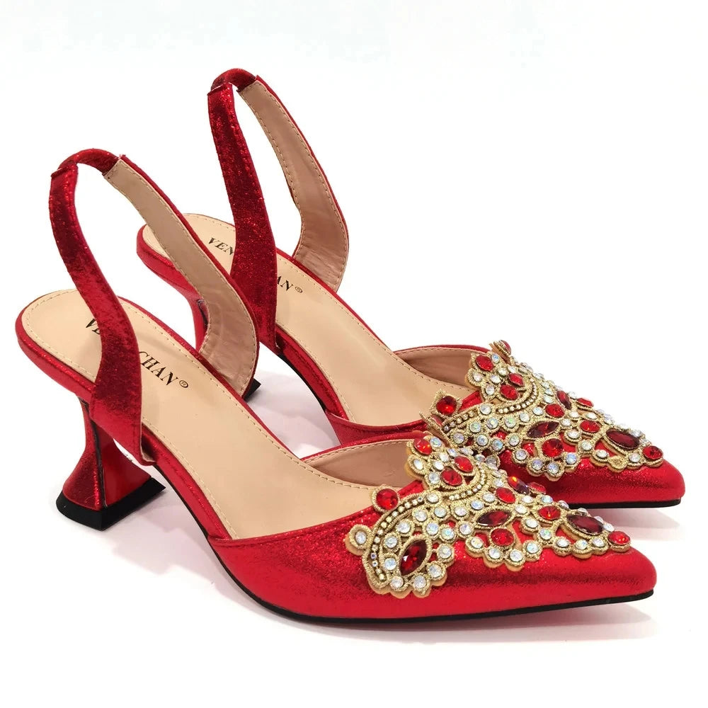 Exquisite 2024 Elegant Woman High Heels Peep Toe Shandals with Rhinestone Italian Design Shoes and Bags Set for Party