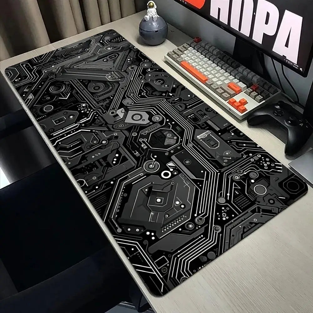 Black Circuit Print XXL 90x40 Gaming Mousepad Desk Mat Anti-slip Rubber Base Stitched Edge for Gamers Office Home Daily Use