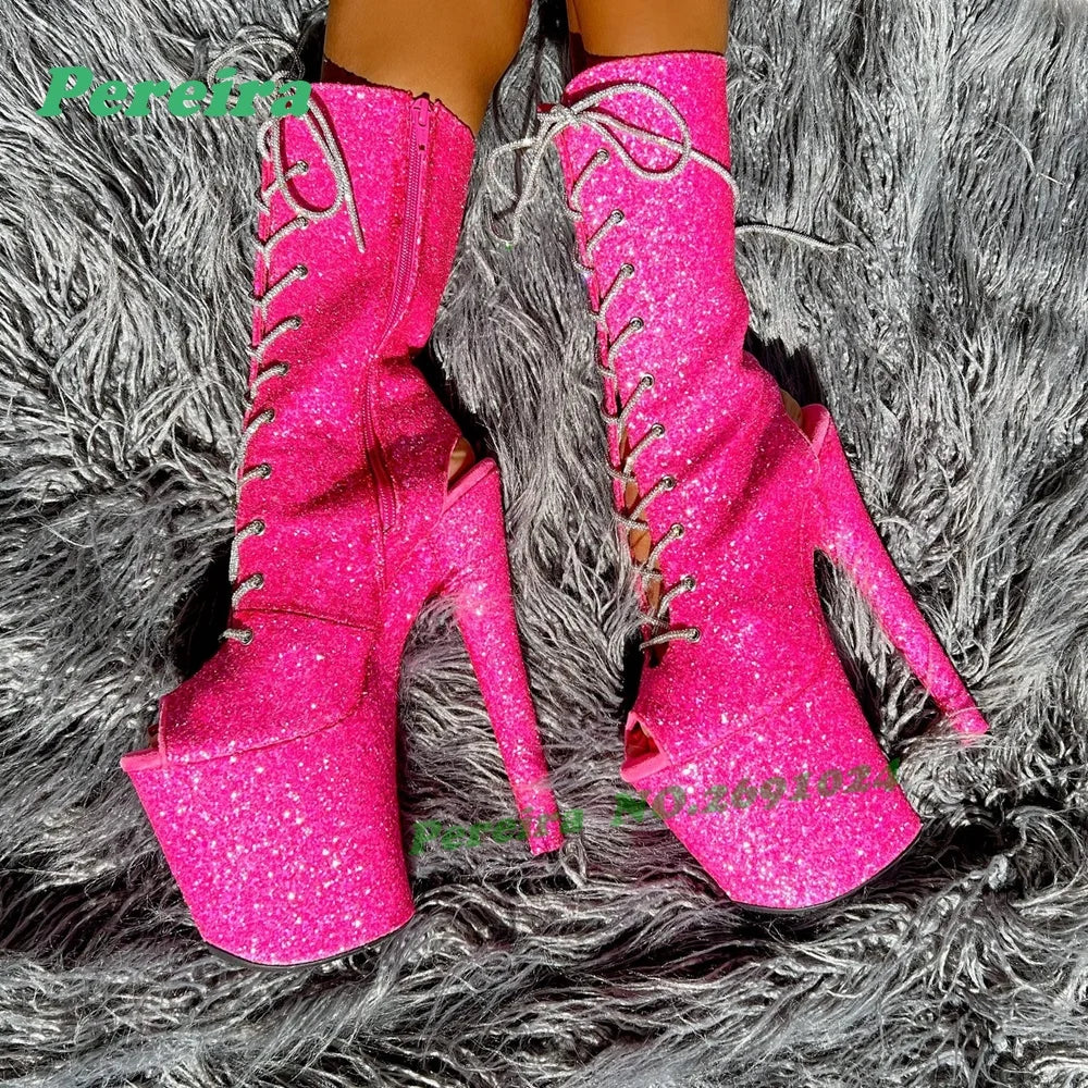 Red Gingham Peep-Toe Platform Ankle Boots Retro Cross Tied Stiletto High Heels Women's Sandals Lace-Up Pole Dance Shoes Zipper