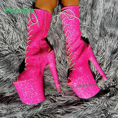 Red Gingham Peep-Toe Platform Ankle Boots Retro Cross Tied Stiletto High Heels Women's Sandals Lace-Up Pole Dance Shoes Zipper