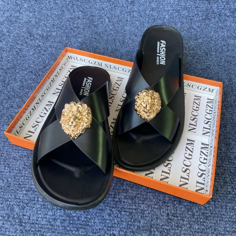size38-48 original shoes brand summer leather slides for man black brown fashion shoes for mens slippers business beach slippers