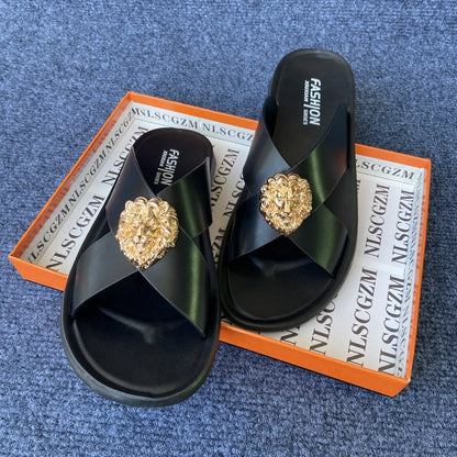 size38-48 original shoes brand summer leather slides for man black brown fashion shoes for mens slippers business beach slippers