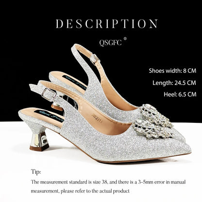 Hot Selling Elegant Noble Colorful Rhinestone Design White Color Party Wedding Pointed Toe High Heel Women Shoes and Bag Set