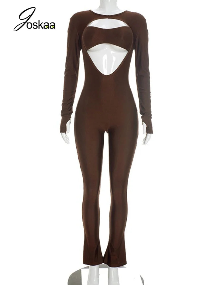 Joskaa Women Cutout Long Sleeve Jumpsuit with Tube Tops Sexy O-neck Back Zipper Thumb Hole Design Bodycon Rompers Party Clubwear