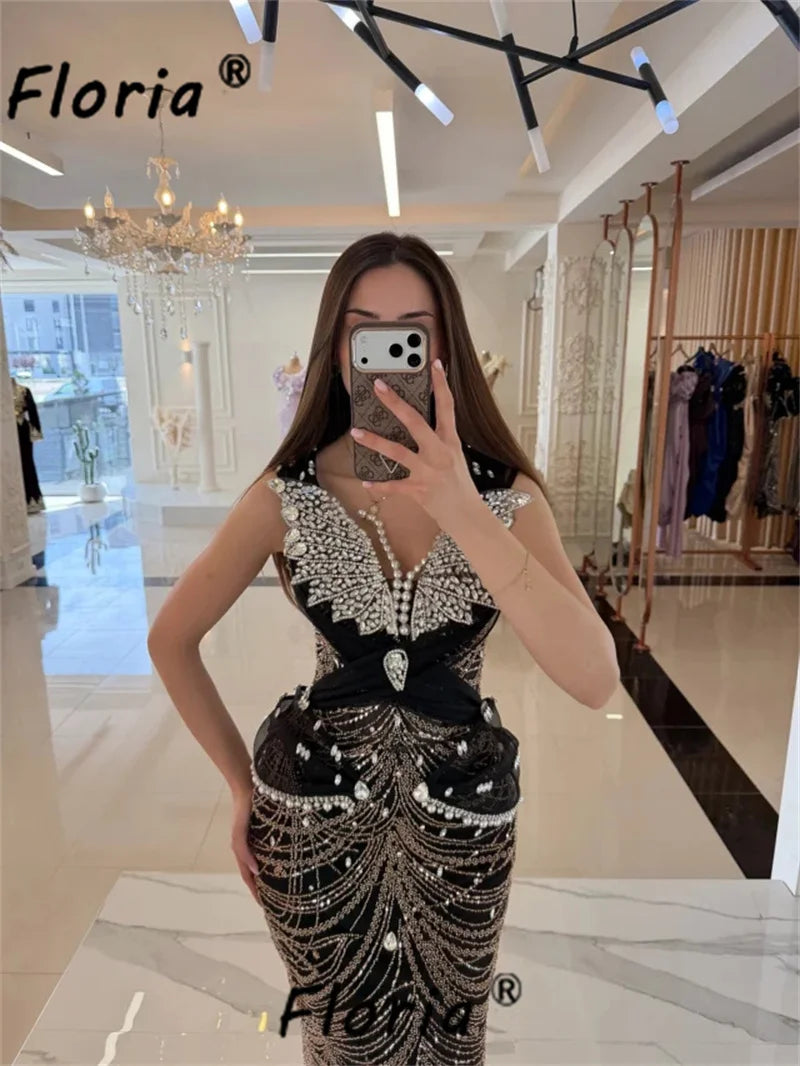 Luxury Black Mermaid Evening Dress Beaded V Neck Prom Party Gown Woman Sleeeless Stones Formal Occasion Gala Customized 2026