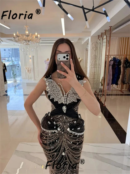 Luxury Black Mermaid Evening Dress Beaded V Neck Prom Party Gown Woman Sleeeless Stones Formal Occasion Gala Customized 2026