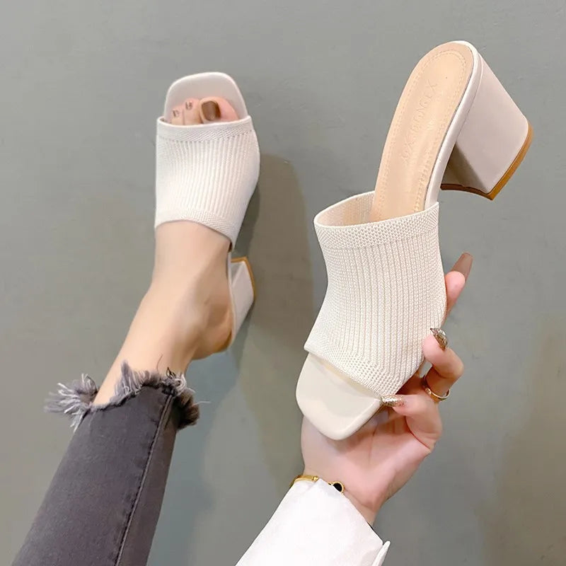 Women's Luxury Casual Soft High Heel Sandals Black Mules Summer Slippers Outdoor Shoes Open Toe