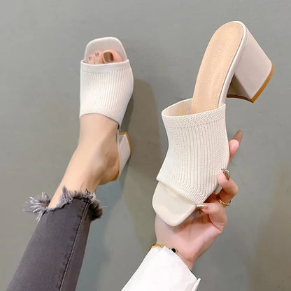 Women's Luxury Casual Soft High Heel Sandals Black Mules Summer Slippers Outdoor Shoes Open Toe