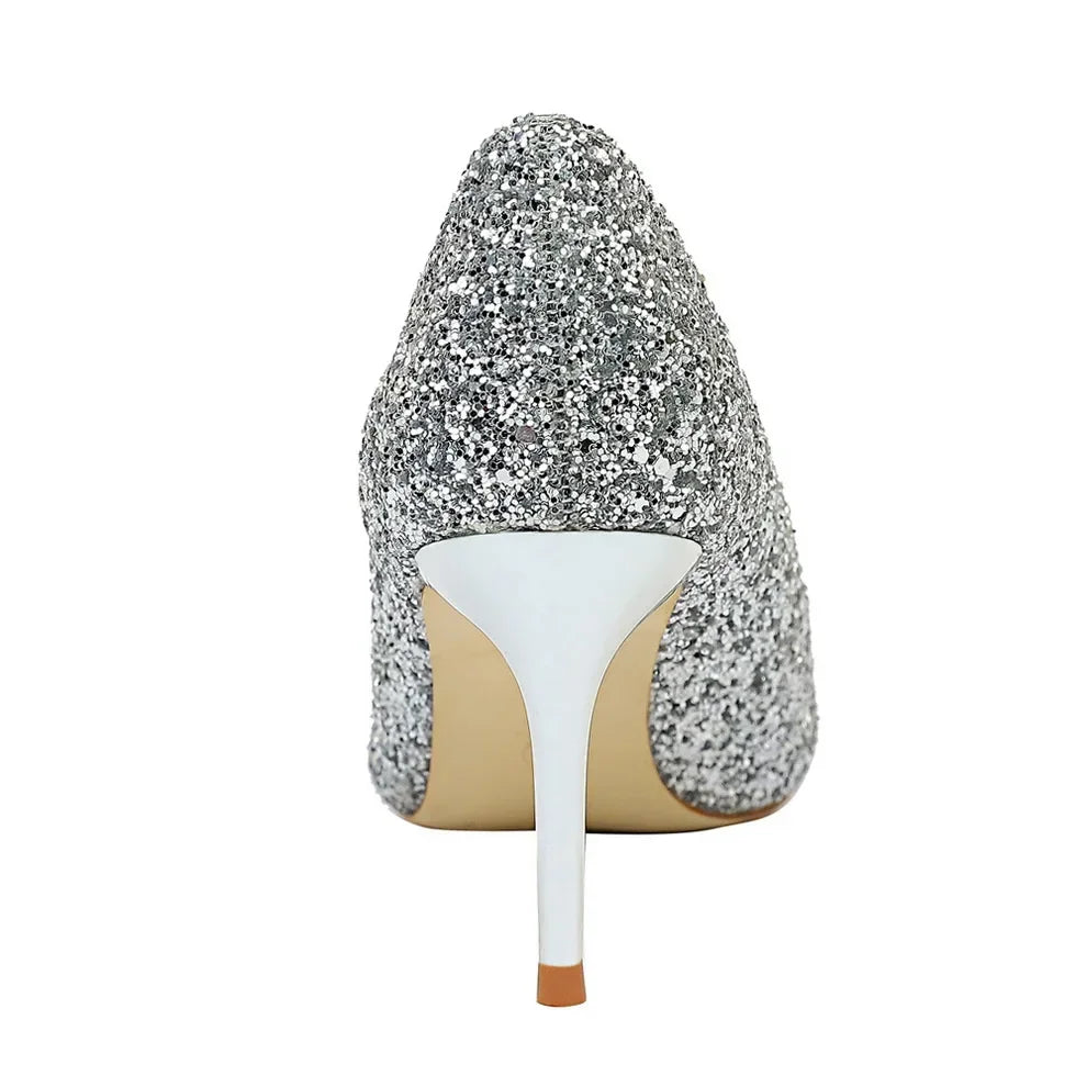 Women Luxury Bling Red  Blue Valentine Party Scarpins Pumps Lady Glitter Sequins 7cm 9.5cm High Heels Designer Shoes Plus Size