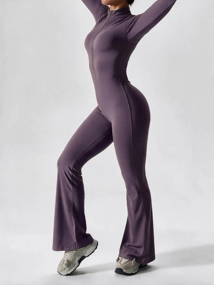 Elegant Zip-up Long Sleeve Sports Overalls for Women Autumn Winter Fleece Jumpsuits Ladies Yoga Fitness One Piece Tracksuit