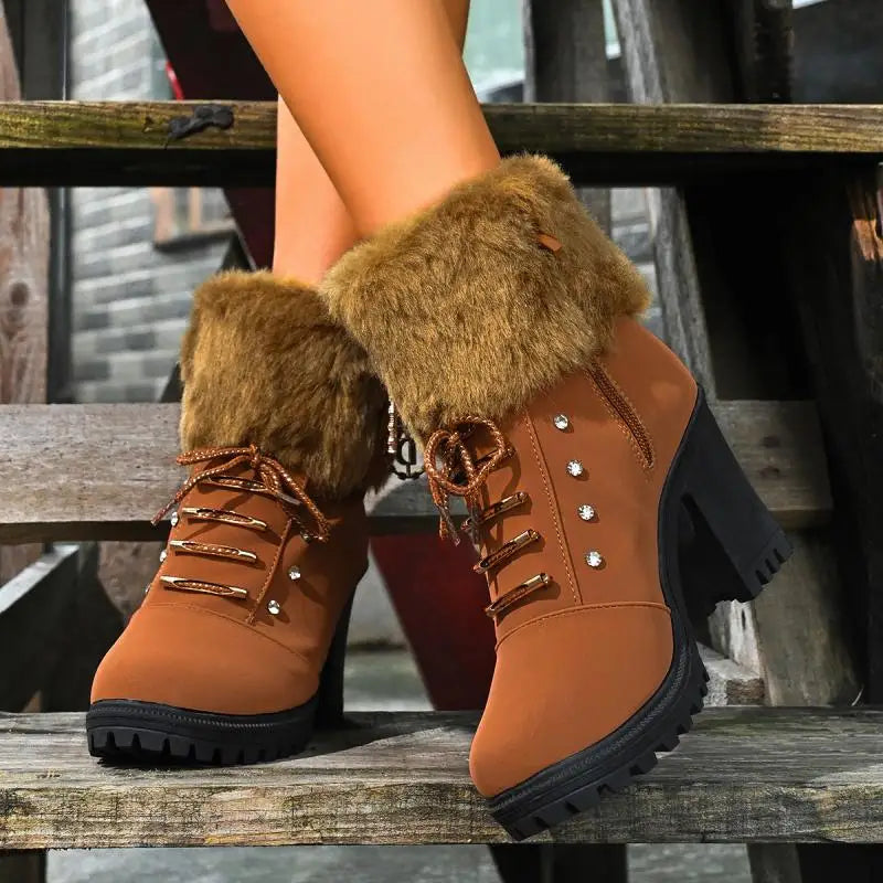 Elegant Fluffy Fur Thick High Heel Suede Ankle Boots Women Winter 2026 Designer Warm Plush Black Short Boots Woman Furry Booties