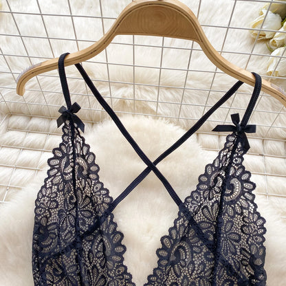 Women Floral Lace Mesh Strappy Bodysuit Fashion Hollow Sexy Comfortable Catsuit One Piece Tights Transparent Onesie