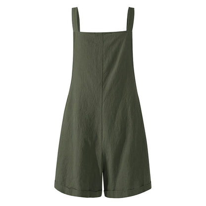 New Women Cotton and Hemp Loose Button Casual Backband Pants  Square Neck Sleeveless Shorts jumpsuit White/Black/Military Green