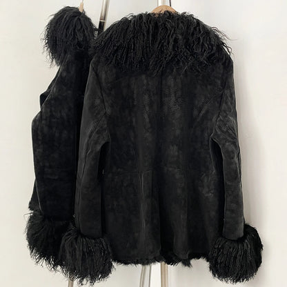 OFTBUY New Winter Warm Curly Mongolia Sheep Fur Jacket Women Vintage Shearling Coat Slim Faux Suede Real Rabbit Fur Clothing