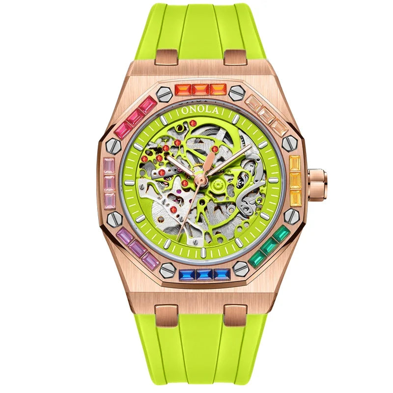 ONOLA 3834 Luxury Diamond Set Design Men's Automatic Mechanical Watch Fashion Hollow Sports Silicone Strap Watches for Man