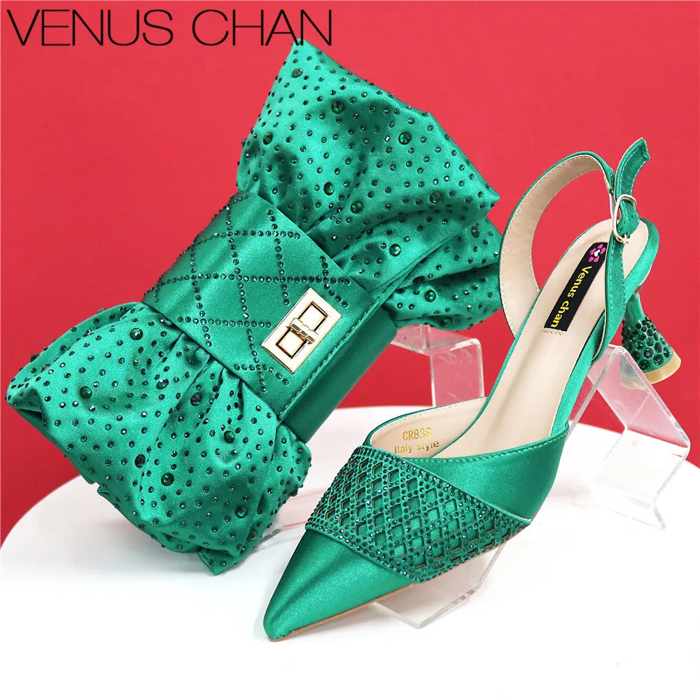 Nigerian Women Heel Party Ladies Italian Design Shoes And Bags Set Decorated with Rhinestone Handbag Wedding Party