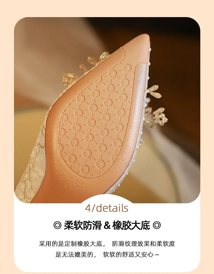 New Designer Low Heel Wedding Shoes Luxury Pearl Water Diamond Decoration Banquet Women's Shoes High Heel Women's Singles Shoes