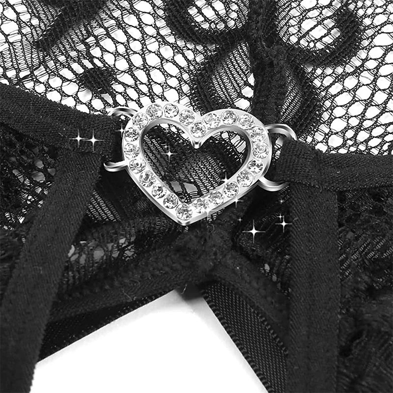 Sexy Crotchless Bodysuit Women Lace Hollow Rompers Erotic Clothes Deep V Open Bra Teddy Bodysuits Dress Black Jumpsuit One Piece