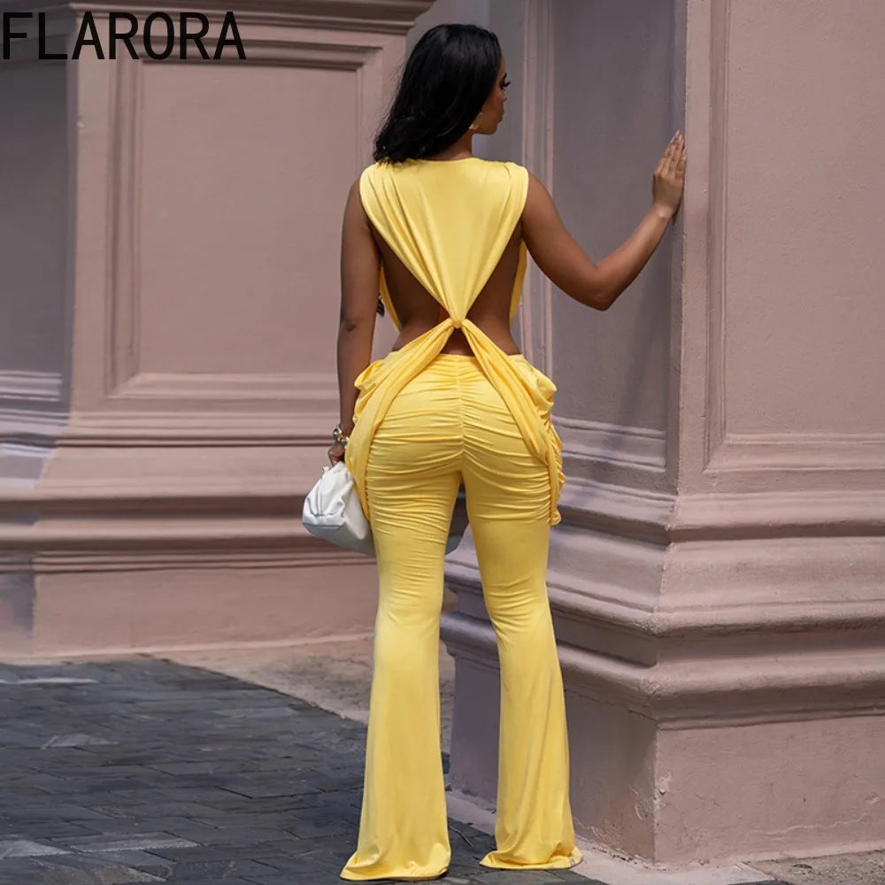 FLARORA Sexy Cross Knot Ruched Flare Jumpsuits Woman Chic Deep V Sleeveless Backless Peach Hip Skinny Playsuits Party Clubwear