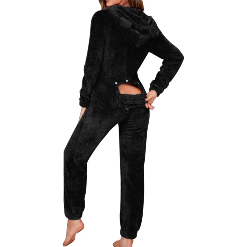 Christmas Women Red Fleece One Piece Loungewear Hooded Jumpsuit Winter Sleepwear Sexy Butt Button Back Flap Home Clothing