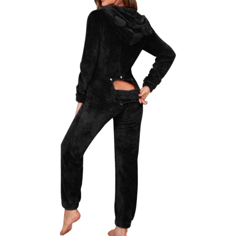 Christmas Women Red Fleece One Piece Loungewear Hooded Jumpsuit Winter Sleepwear Sexy Butt Button Back Flap Home Clothing