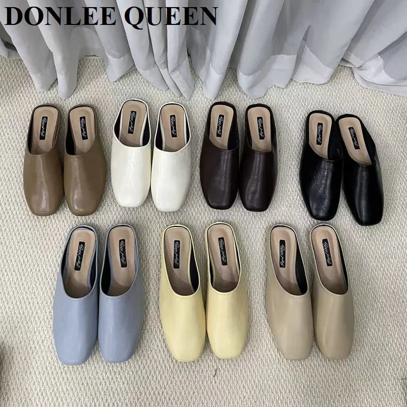 Fashion Square Toe Flat Slippers Women Casual Slip On Mule Luxury Brand Outsides Slides Elegant Pleated Ladies Shoes Sandal Flip