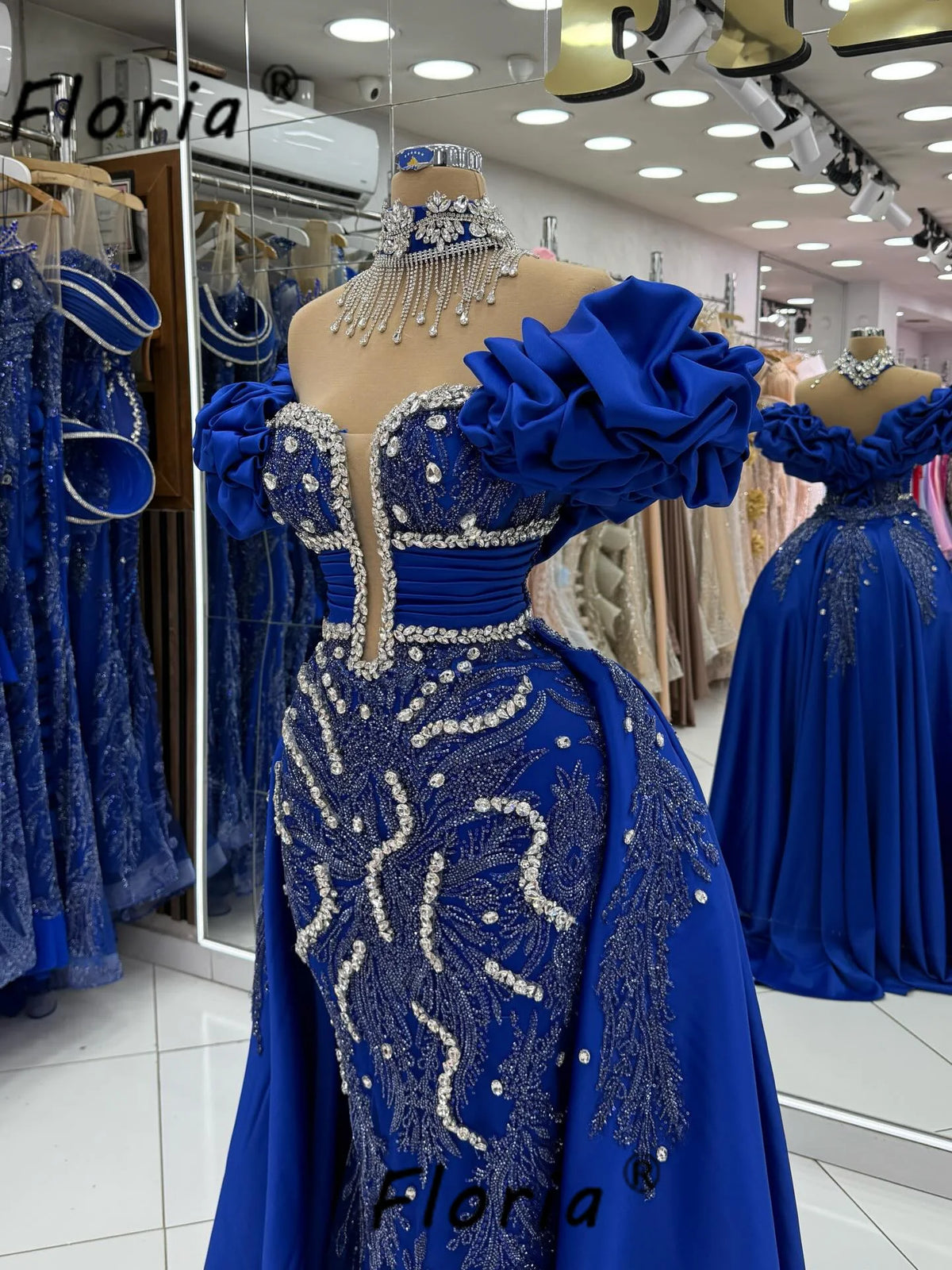 Two PCs Blue Dubai Women Celebrity Party Dress with Overskirt Silver Crystal Ruffles Mermaid Wedding Event Gown Vestidos De Gala