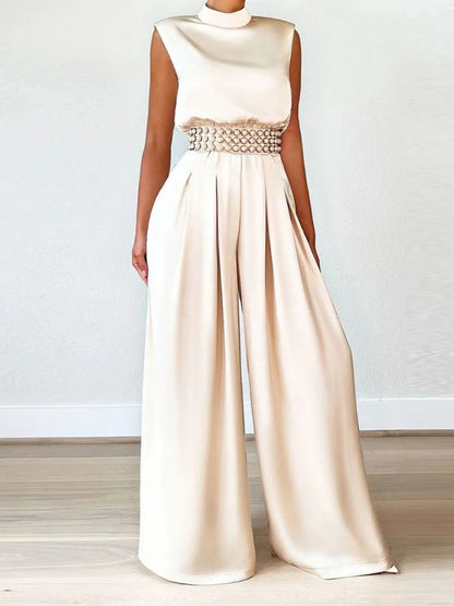 Women's Jumpsuit 2024 Spring Summer New Elegant Wide Leg Pants Bodysuit High Collar Sleeveless Jumpsuits for Women Full Length