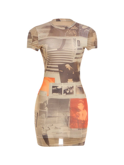 SIsterlinda Newspaper Print Chic Sexy Dress Woman Fashion O-Neck Short Sleeve Skinny Peach Buttocks Midnight Club Party Bodycon