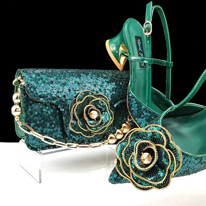 QSGFC Shiny Gold Color Shoes and Bag Elegant Handbags and Medium Heel Shoes Beautiful Handmade Flowers For Wedding Party