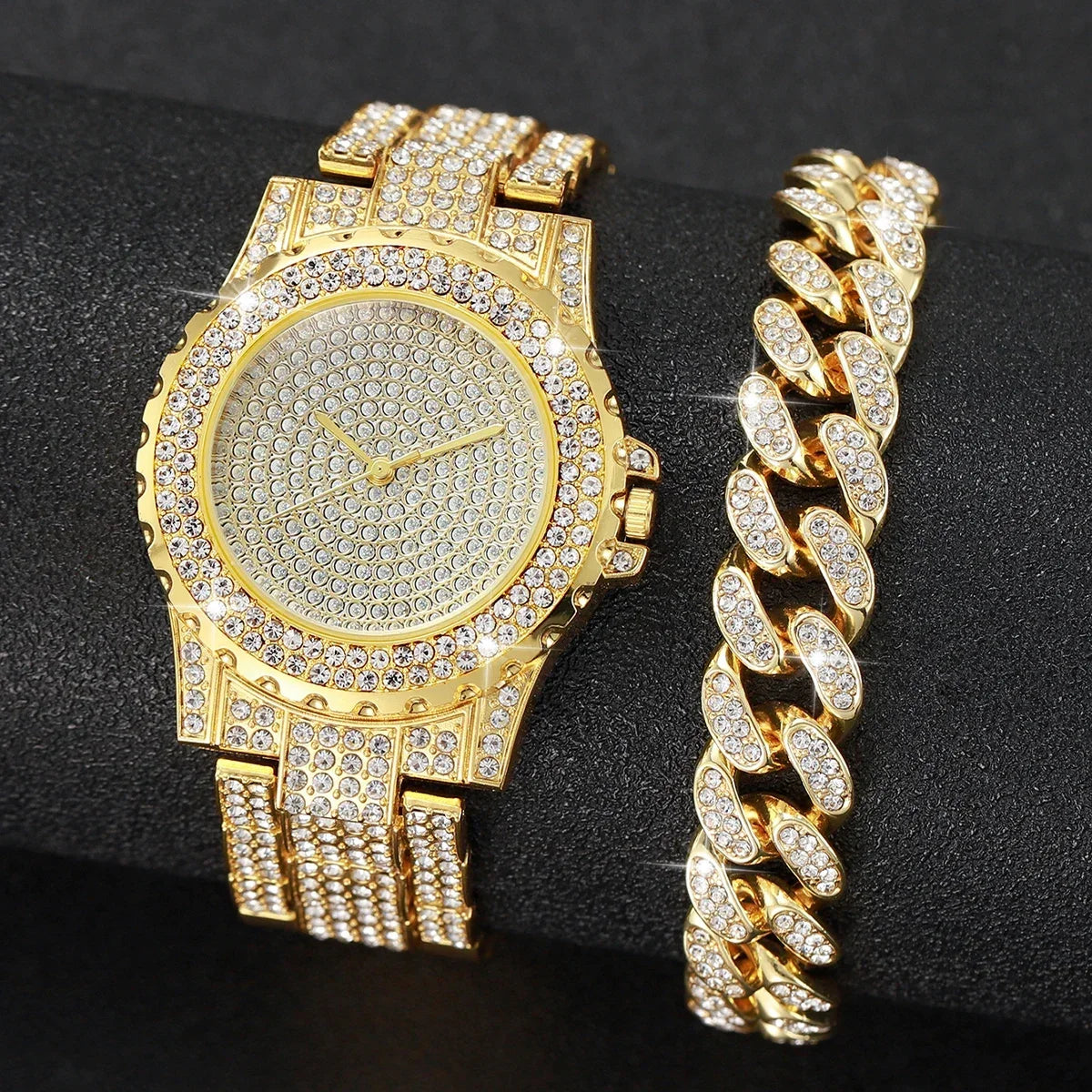 ABC2 Pcs Luxury Full Diamond Men's Watches Steel Band Gold Analog Watch Quartz Bracelet Set Men's Watch Homo Watch