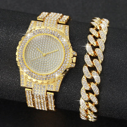 ABC2 Pcs Luxury Full Diamond Men's Watches Steel Band Gold Analog Watch Quartz Bracelet Set Men's Watch Homo Watch