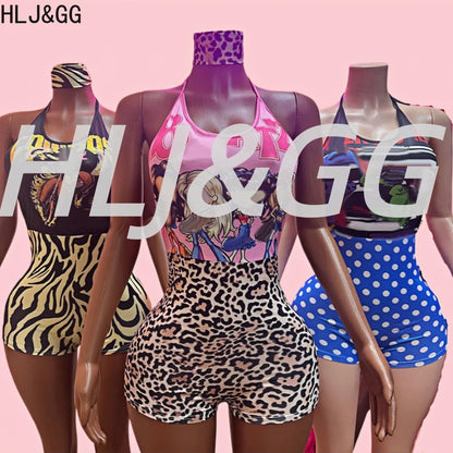 HLJ&GG Sexy Pattern Print Halter Bodycon One Piece Rompers Women Deep V Sleeveless Backless Slim Jumpsuits Fashion Trend Overall