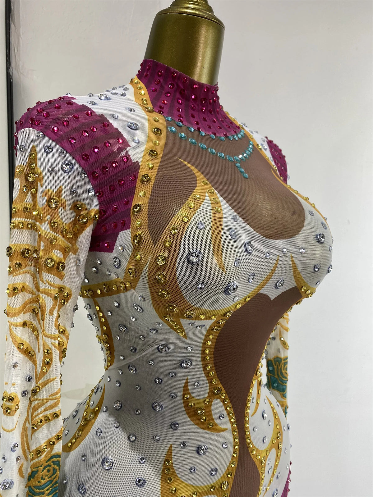 Performance Costumes Kpop Outfits Shiny Rhinestones Printed Bodycon Jumpsuits Woman Evening Club Party See Through Dress Outfits