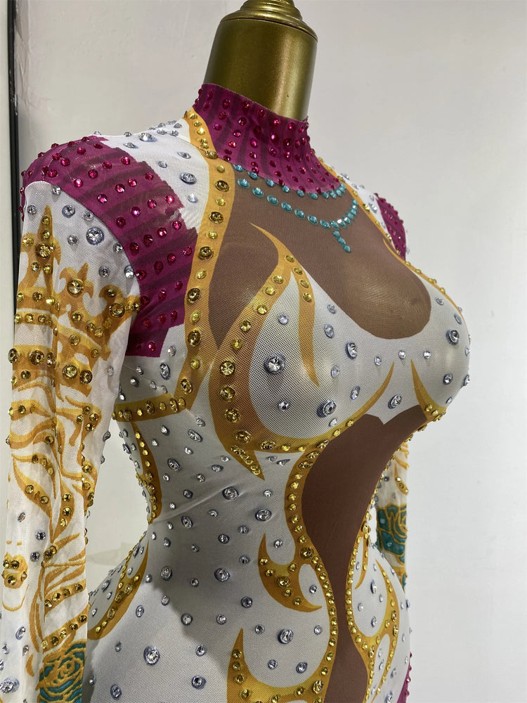 Performance Costumes Kpop Outfits Shiny Rhinestones Printed Bodycon Jumpsuits Woman Evening Club Party See Through Dress Outfits