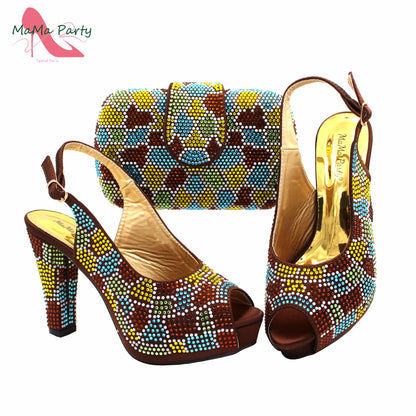 New Shoes and Matching Bag for Nigeria Party Slip on Shoes for Women Ladies Italian Shoes and Bag Set Decorated with Rhinestone