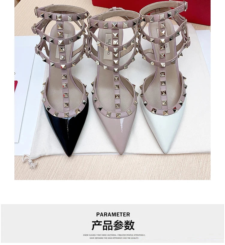 Women's Gladiator Sandals Summer 2026 Rivet High-heeled Three Straps Real Leather Ankle Luxury Brand Designer Pumps Ladies Shoes