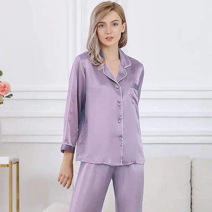 100% Mulberry Silk Pajamas Set for Women Long Sleeve Sleepwear Spring Summer Breathable Lounge Robe Comfortable Cool Silk