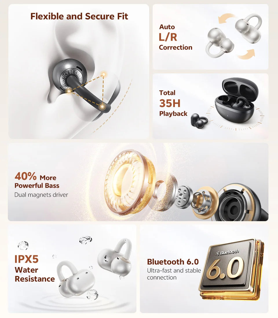 QCY CT06 Clip On Earbuds Crossky C50 Open Ear Wireless Bluetooth 6.0 Headphones with 4 Mic 35H Earbuds Comfortable for Running