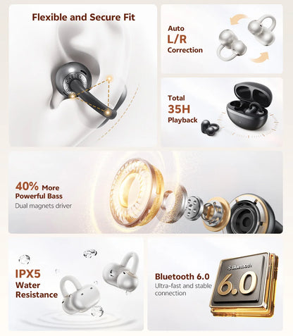 QCY CT06 Clip On Earbuds Crossky C50 Open Ear Wireless Bluetooth 6.0 Headphones with 4 Mic 35H Earbuds Comfortable for Running