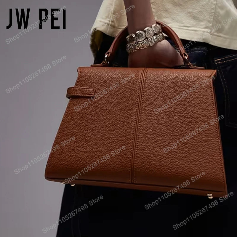 JW PEI Elise Women's Genuine Leather Top Handle Bag Trapezoid Satchel Crossbody Purse Elegant Shoulder Handbag Quiet Luxury Designer Style