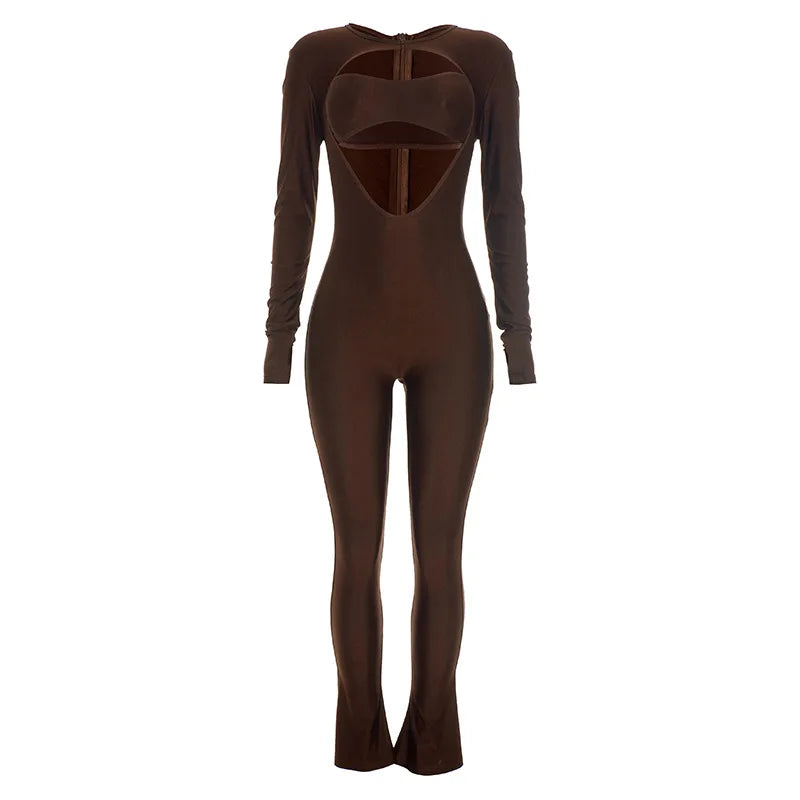 Joskaa Women Cutout Long Sleeve Jumpsuit with Tube Tops Sexy O-neck Back Zipper Thumb Hole Design Bodycon Rompers Party Clubwear