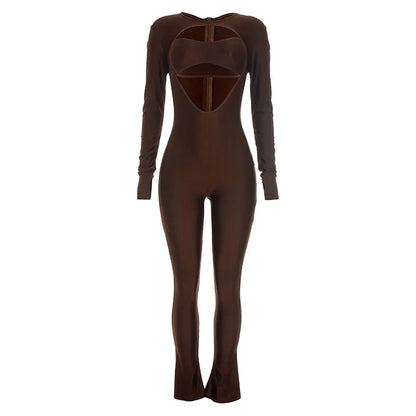 Joskaa Women Cutout Long Sleeve Jumpsuit with Tube Tops Sexy O-neck Back Zipper Thumb Hole Design Bodycon Rompers Party Clubwear