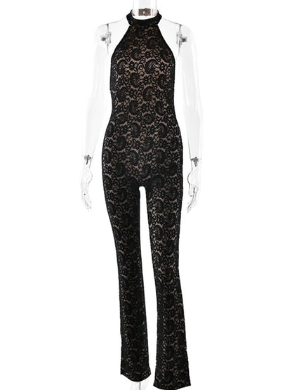 Fantoye Sexy Backless Lace Patchwork Women Jumpsuit Black Sleeveless High Elastic Rompers Spring Bodycon Elegant Party Clubwear