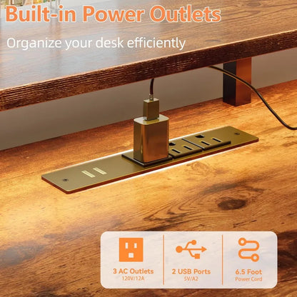51" Computer Desk with Outlets and LED, Desk with Drawers, Brown